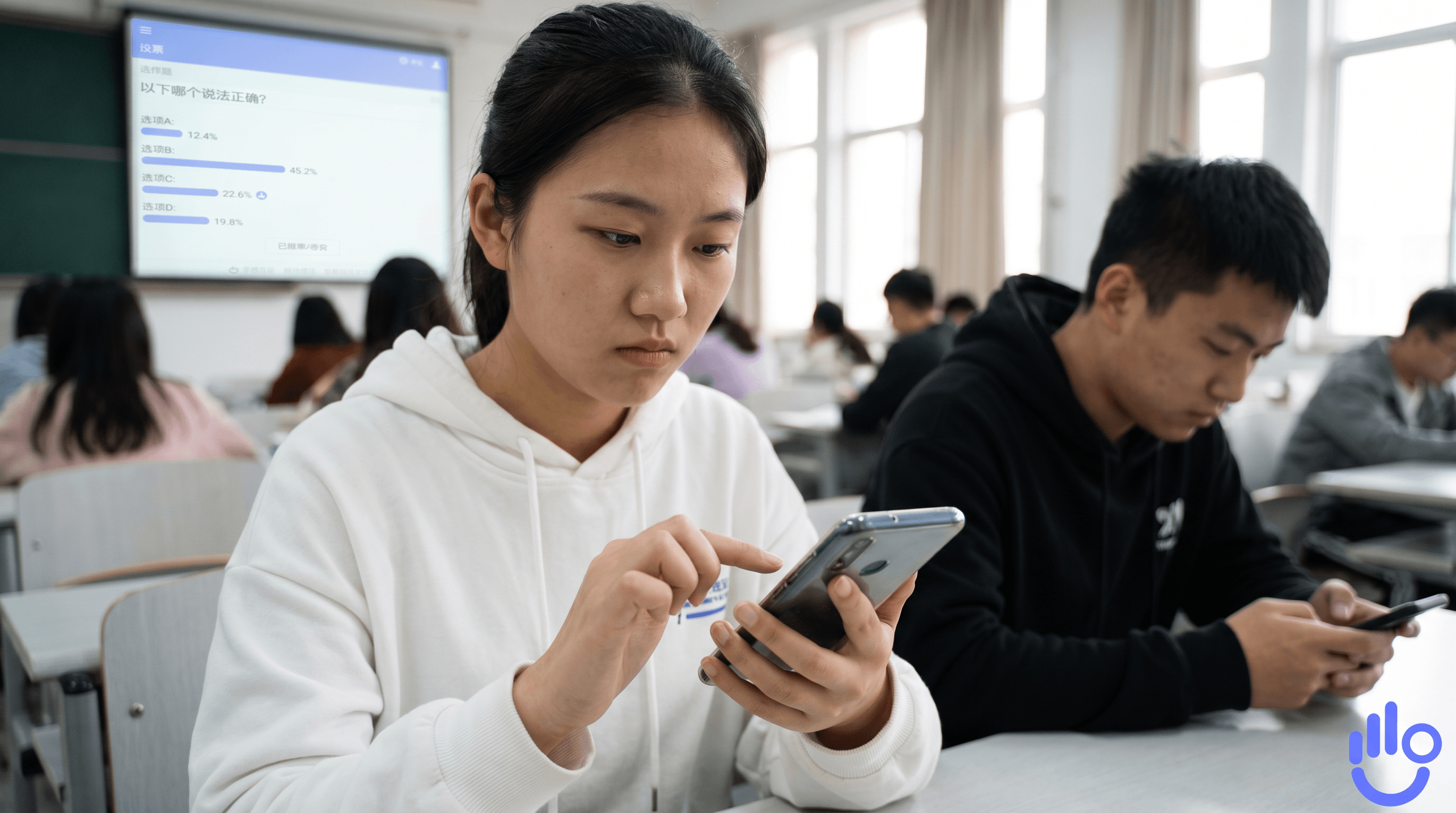 高校阶梯教室内,讲师正在用投票功能检测学生理解度,学生用手机参与投票