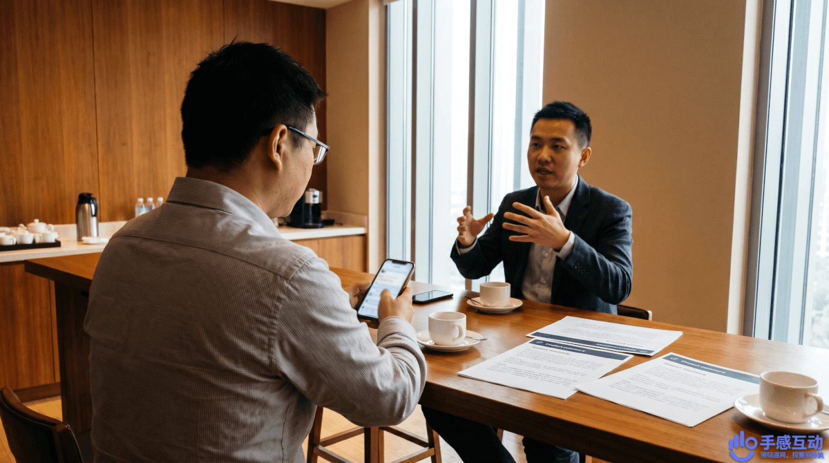 路演茶歇间隙,一位投资人站在休息区回看手机上的项目评分数据