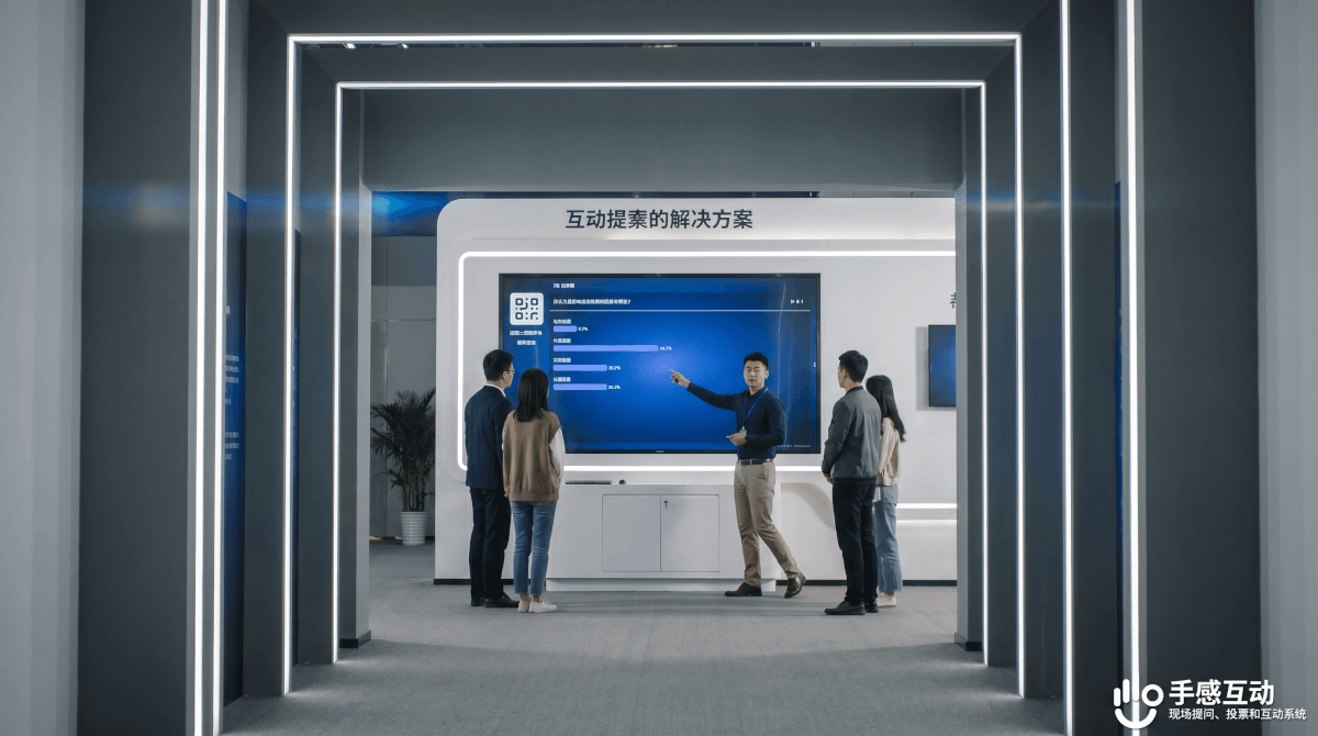 展览中心入口走廊视角，可以看到里面的大屏互动展区，展台大屏展示实时投票互动界面