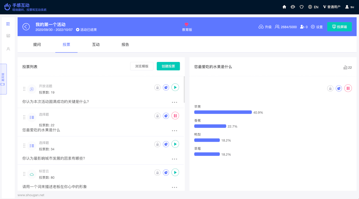 手感互动旧版控制台:Tab切换模式,深色顶栏,提问/投票/互动/报告四个标签页